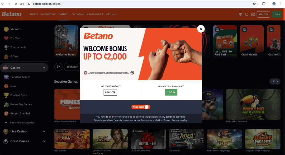 Betano Ghana casino lobby with seven categories — Exclusive Games, New, Football Spins, Bonus Buy, Betano Branded, Live Casino, Crash Games