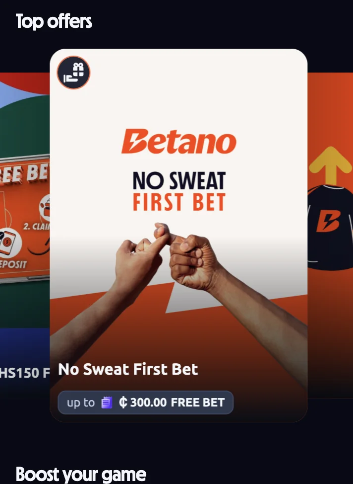 Betano Ghana payment methods grid: MTN MoMo, Telecel Cash, AirtelTigo Money, Mastercard, Visa, Bank transfer