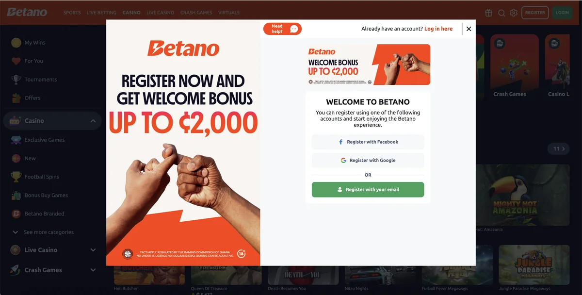 Betano Ghana registration screen showing Facebook, Google and email signup options plus the Welcome Bonus up to ₵2,000 banner