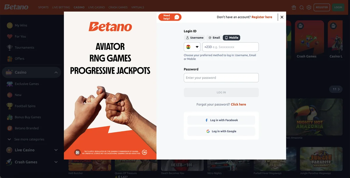 Betano Ghana login screen showing username, email, mobile identifier options plus Facebook and Google social-login buttons and a forgot-password link